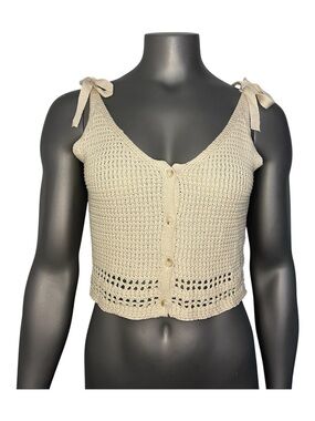 Blashe Tie-Shoulder Crochet Button-Front Tank Top Cream Viscose Neutral Sexy